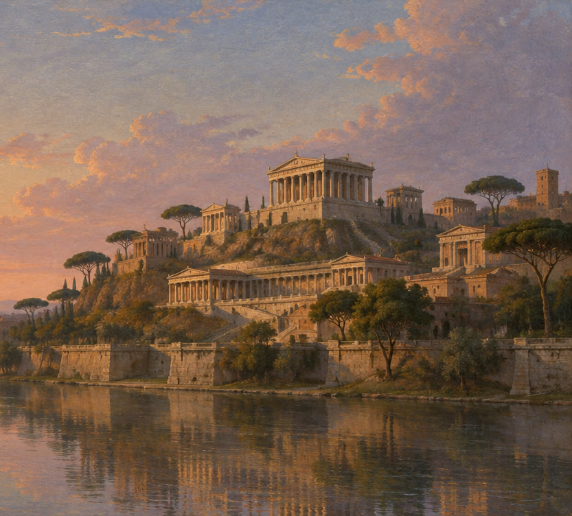 Oil painting of the Capitoline Hill at dusk across the Tiber